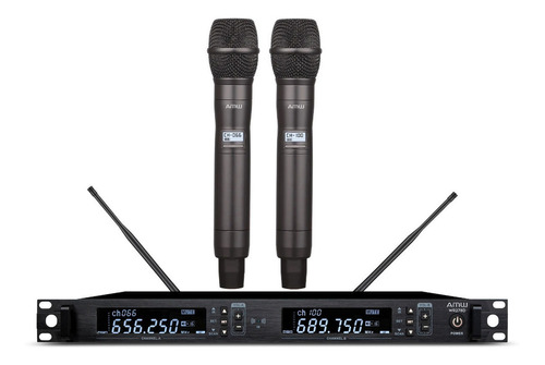 Microfone Sem Fio Duplo De Mão Digital Pll Amw Au500 Multibanda UHF Com Diversity e Estojo ! Cor Cinza-escuro
