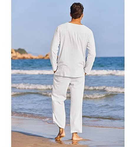 Conjunto Manga Larga De Lino Y Algodón Para Hombre, 2 Piezas