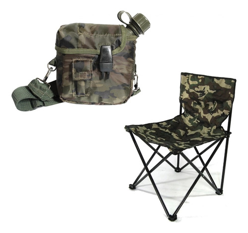 Kit Cadeira Dobrável Camping E Pesca + Cantil 1,8 Lts Camufl