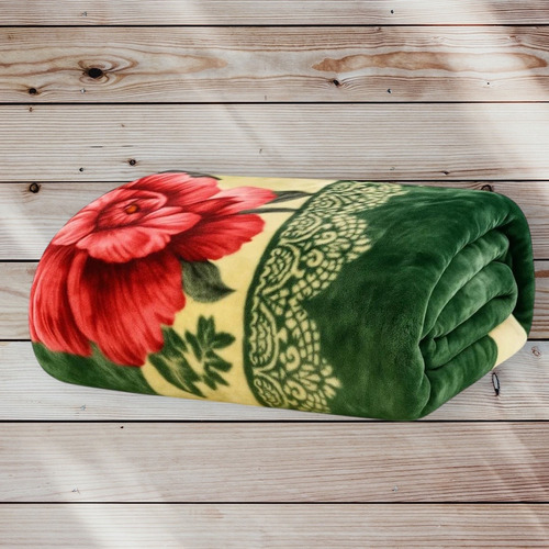 Frazada Extra Gruesa Doble Reversible 2.5 Plaza, Abrigadas Verde Flor Rojo Verde