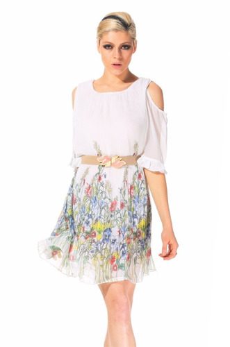 Vestido Blanco Gasa Plisada Floral Talla M Nuevo Importado