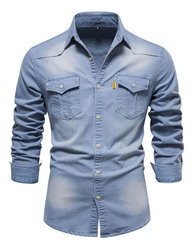 Camisa Casual De Manga Larga Para Hombre. Denim Sin Planchar