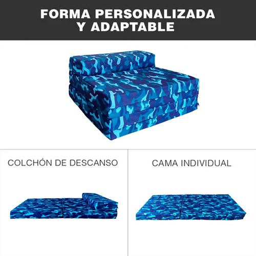 Sofá Cama Infantil Plegable, Colchoneta Con Soporte Firmé Color Azul Camuflaje