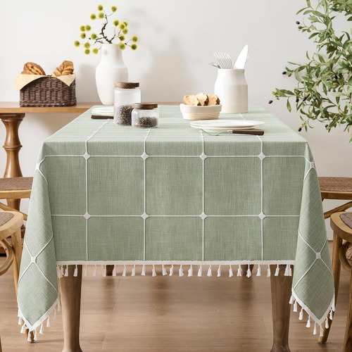 Mantel Rectangular De Lino Cuadros Bohemio Con Borlas Verde