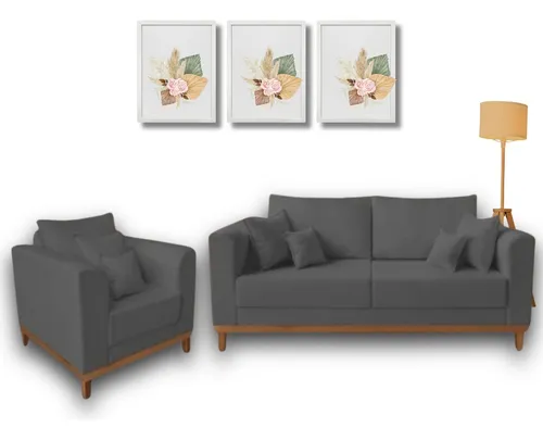 comprar Sofá Living Beny 1,80mt 3l + 1 Poltrona De Linho Pés Madeira Cor Grafite