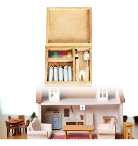 1: 12 Escala Dollhouse Mini Caja De Pintura Cepillos
