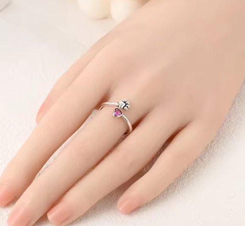Anillo Mujer Ajustable De Plata, Huella De Perro, Corazón Plateado Ajustable