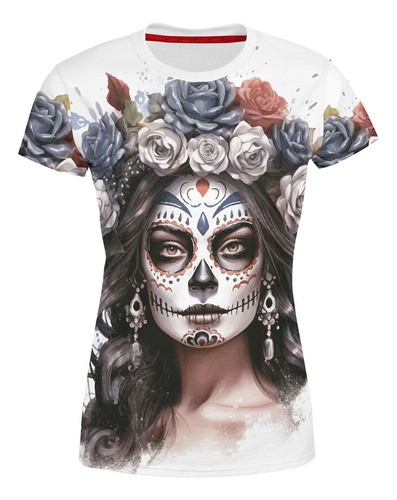 Playera Dama Manga Corta Catrina Acuarela Con Rosas A0040
