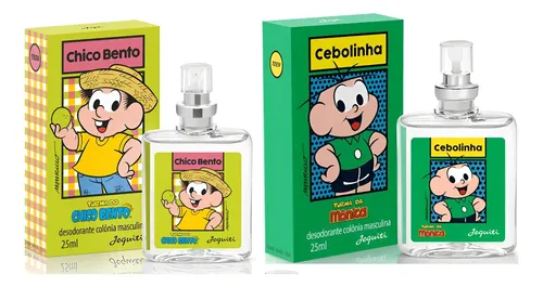 Kit com dois frascos de colônia Jequiti de 25ml cada, um do Chico Bento e um do Cebolinha, acompanhados de suas respectivas caixas coloridas.