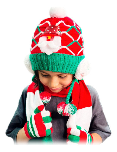 Kit X3 Navideño Gorro Orejas Bufanda Guantes Frío Navidad