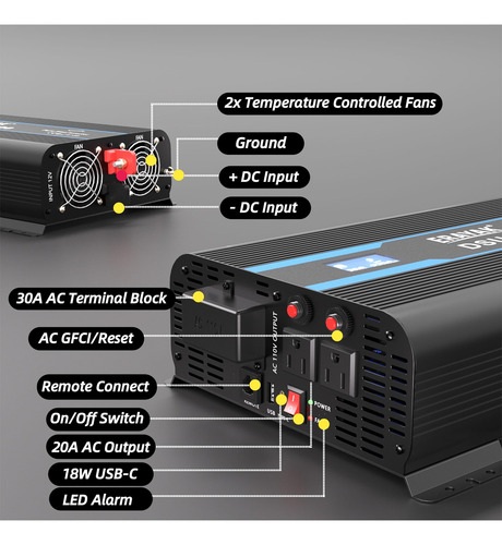 Inversor De Onda Sinusoidal Pura Erayak 3000w 12v Dc A 120v