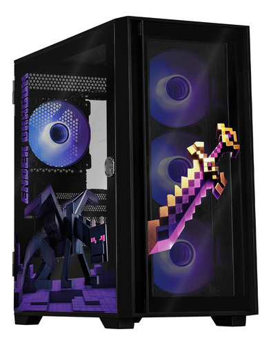 Gabinete Gamer Xtreme Pc Gaming Minecraft Ender Dragon Edition Micro Torre Micro Atx 4 Fan Argb Usb-c Cristal Templado Frente Intercambiable