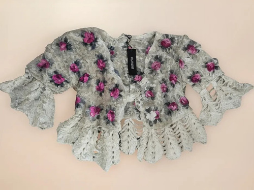 Sweater Lana Mohair Crochet Calado Flores Rosas 3d Y Brillos