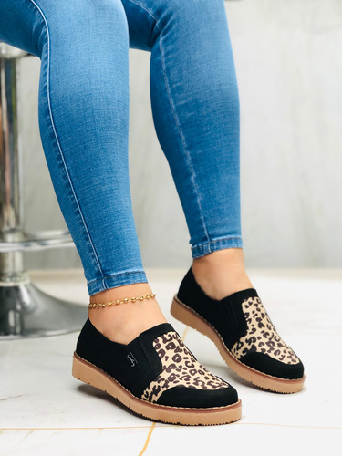 Mocasin Dama Tipo Bolichero Animal Print Mujer Cosido Comodo