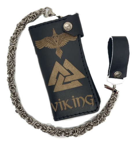 Cartera De Piel, Grabado Viking Y Cadena, Nórdica 