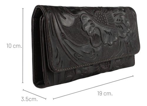 Cartera Mujer Piel Larga Tarjetero Grabado Láser Negro