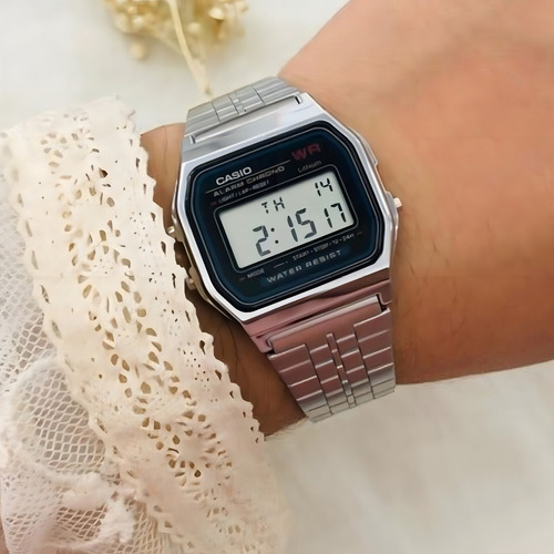 Relógio masculino feminino unissex Casio Original Vintage A159WA-N1df em aço cromado resistente à água com luz de alarme LED