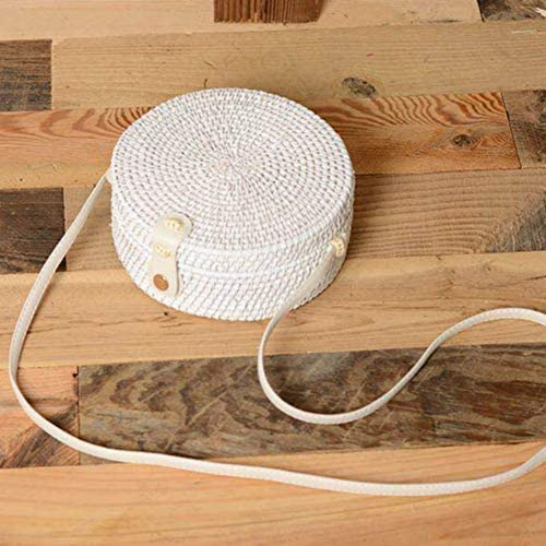 Bolso De Mimbre Redondo Blanco De Paja Hecho A Mano Con Crem