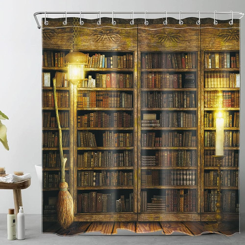 Lb Witch Shower Curtain Magic Book Shelf Flying Broom Cortin