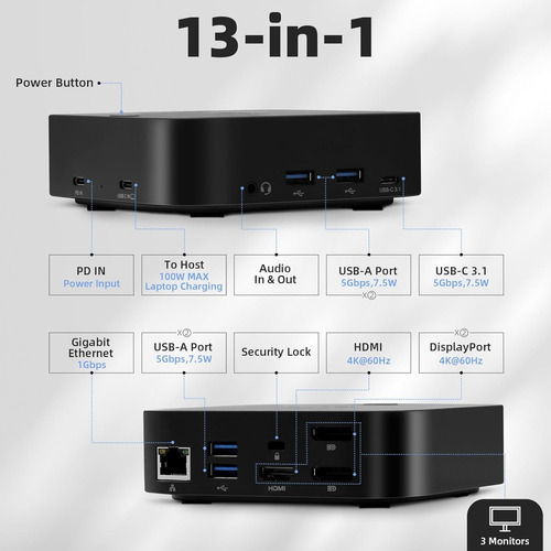 Estación De Acoplamiento Usb C 3 Monitores, 13 1, Trip...