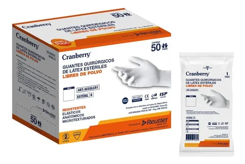 comprar Guante Quirurgico Esteril Cranberry Talla 7.5 Caja 50 Pares Color Blanco