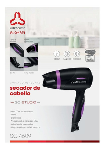 Imagen 2 de 2 de Secador De Pelo Ultracomb Sc4609 1400w Mango Plegable