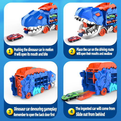 ~ Vehículo De Transporte De Dinosaurios Plegable, Incluye 4