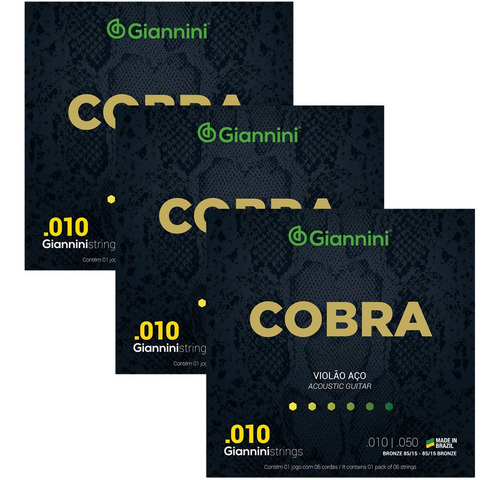 Kit Com 3 Jogos De Cordas Giannini Cobra Violão Aço 010