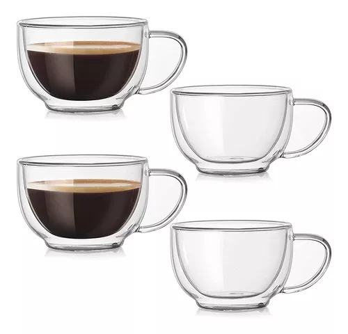  JNSMFC Tazas de café de vidrio de doble pared con asa, paquete  de 4 tazas de café de vidrio aisladas de 8 onzas, tazas de café de vidrio transparente  para expreso
