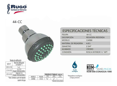 Regadera Redonda Limpia Sarro 44cc Brazo Corto Chapeton Rugo