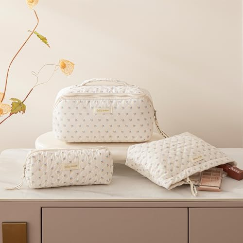 Bolsa De Maquillaje 3 Piezas Algodón Flores Viaje