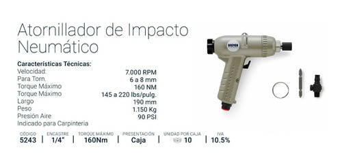 Imagen 2 de 5 de Atornillador Impacto Neumatico Bremen 160nm Enc 1/4 Cod 5243