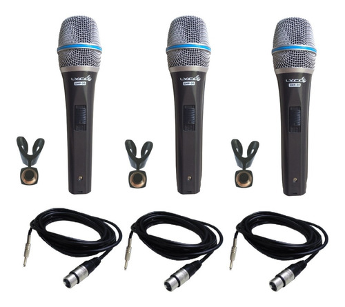 Kit 3 Microfones Com Fio Lyco Smp20 Com Cabo E Cachimbo