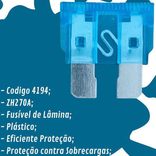 20 Fusíveis Lâmina Zh270a 15a Engate Azul Automotivo Médio
