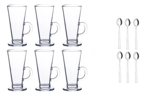 6 Tazas Vidrio + 6 Cucharas Para Cappucchino Capuchino