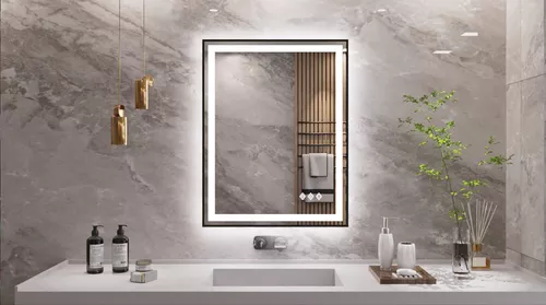 Espejos de baño LED de 24 x 32 pulgadas para pared, marco de aluminio negro  (frontal y retroiluminado), espejo de tocador antivaho con luces, espejo