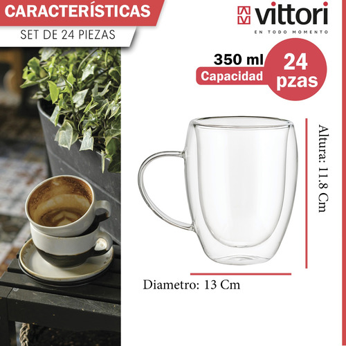Caja 24 Piezas Taza De Vidrio Borosilicato Doble Pared 350ml