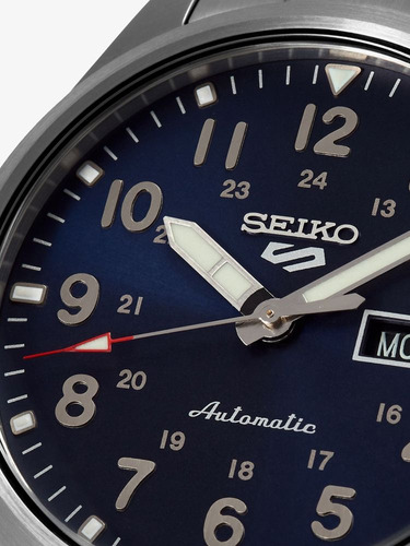Reloj Seiko 5 Sports Srpg29 K1 Automatico Fondo Azul Bisel Plateado Correa Plateada
