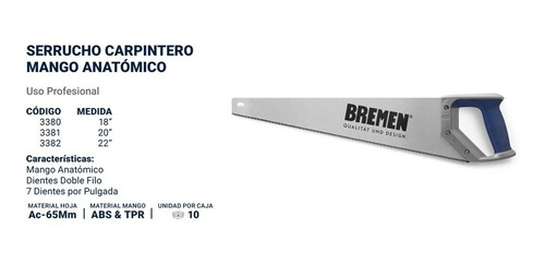 Imagen 2 de 6 de Serrucho Para Madera Carpintero Bremen 18 Doble Filo 450mm Cod. 3380 Dgm