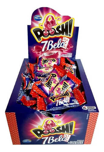 Chicle Poosh 7belo Framboesa Arcor 40 Chicletes Caixa 200g