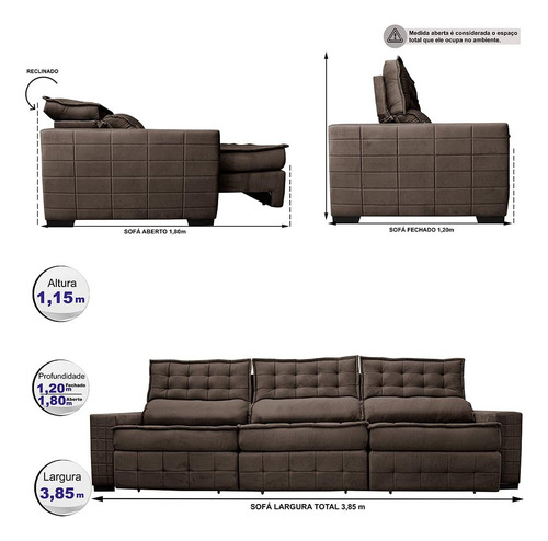 Sofá Retrátil 3,85m Cama Inbox Big Puffer. Com Softgel d40 Cor Café