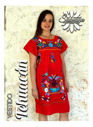 Vestido Artesanal Casual Bordado Floral Mexicano Típico