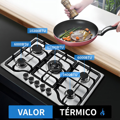 Parrilla Estufa De Gas Acero Inoxidable 5 Quemadores Cocción Plateado