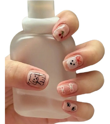 24 Pz Uñas Postizas Tips Lazo Cachorro Nude Nails Press On Nude Lazo De Cachorro