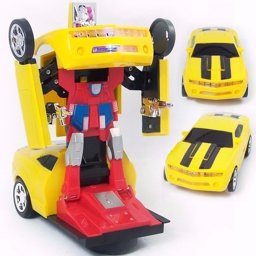 Kit 10 Carro Transforma Robo Emite Som Luz Camaro Amarelo