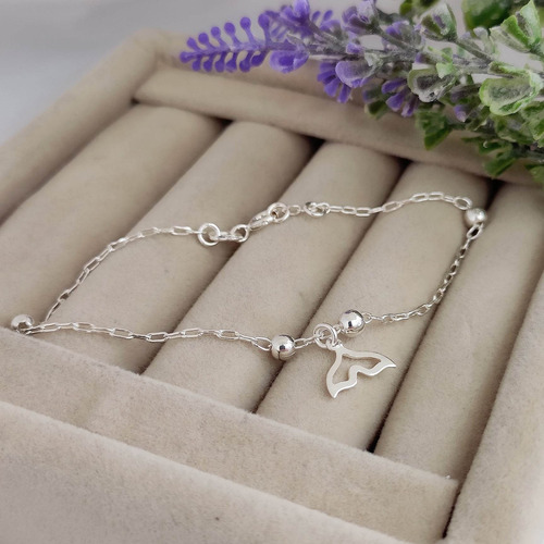 Pulseira Feminina De Prata 925 Cauda De Sereia E Bolinhas Comprimento 19 Cm
