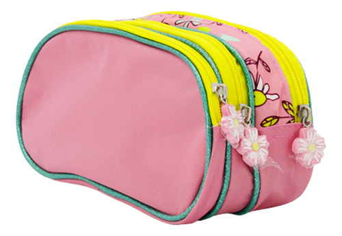 Lapicera Estuchera Escolar Triple Compartimento Panda Rosa Floreado