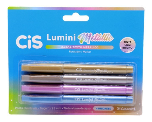 Conjunto 4 Cores Marca Texto Metálico Tinta Brilhante Cis