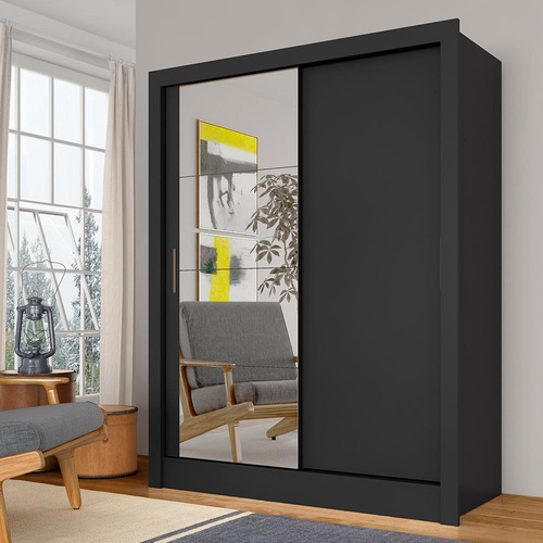 Guarda Roupa Solteiro Com Espelho Nanda 2 Pts Preto - Ma Cor Preto Fosco