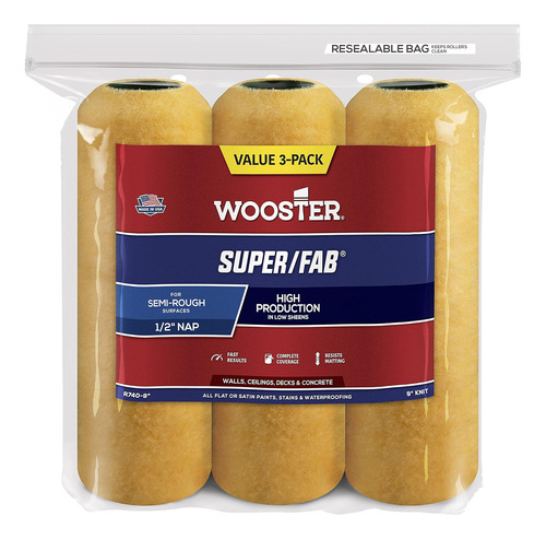 Rodillo Wooster Brush R740-9 Super/fab, 1/2 Pulgada, Paquete